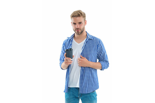 young man with morning coffee in studio. photo of man with morning coffee. man with morning coffee isolated on white. man with morning coffee on background.