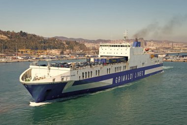 Barcelona, Spain - March 30, 2016: grimaldi cargo ship transport, corner view.