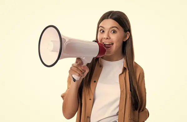 Photo Surprised Tween Girl Announcer Hold Loudspeaker Teen Girl Announcer — Stock Photo, Image