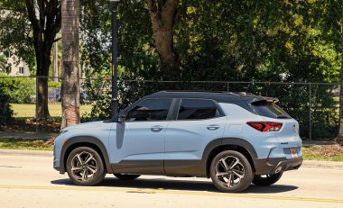 Miami Beach, Florida USA - April 15, 2021: blue chevrolet trailblazer RS crossover car, side view.