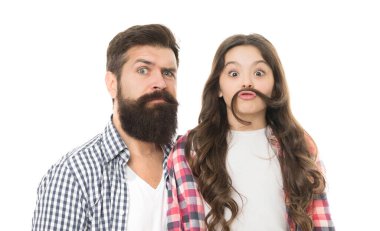 Moustache is under your nose. Father with moustache and beard hair and little daughter with long hair. Bearded man with beard and natural moustache and small girl making fake moustache with her hair.
