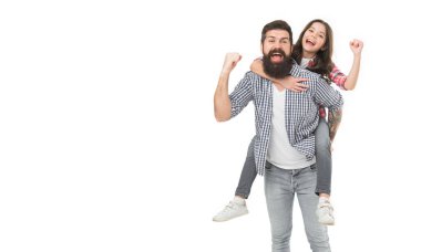 Active leisure. Fathers day. Father example noble human. Father little daughter. Best friends. Dad strong piggybacking adorable child. Having fun. Happiness being father of girl. Holiday celebration.