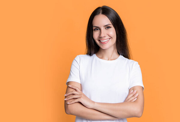 happy woman in casual shirt isolated on yellow background with copy space. casual woman in studio. portrait of casual woman. photo of woman wearing casual.