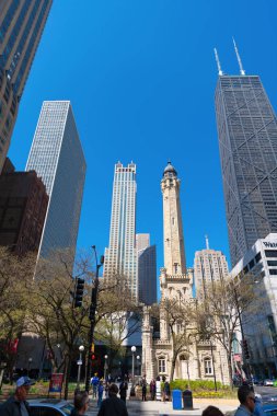 Chicago, ABD - 27 Nisan 2023: Chicago, Illinois 'deki ünlü tarihi binalar.