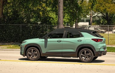 Miami Beach, Florida USA - April 15, 2021: blue chevrolet trailblazer RS crossover, side view.