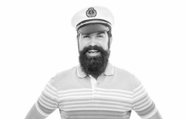 Happy guy portrait. Bearded guy smiling in captain hat. Guy sailor face with beard and moustache isolated on white.