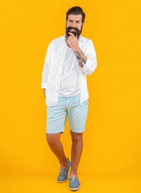 Stüdyodaki sakallı adam. Arka plandaki sakallı adam. Sakallı adamın yaz modası giydiği bir fotoğraf. Sakallı adam sarıda izole edilmiş..