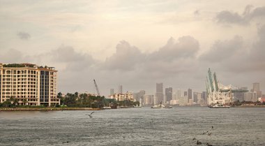 Miami sahilinin gökdelenleriyle gökyüzü ve deniz manzarası.