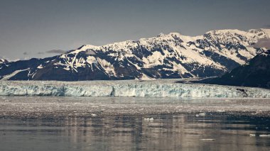 Alp Dağları 'ndaki buzul yavruları ve deniz suyu manzarasında buz. Dağ kıyısı doğal manzarası. Buzul Körfezi Doğası. Karlı dağ zirveleri. Hubbard Buzulu doğası Alaska, ABD.