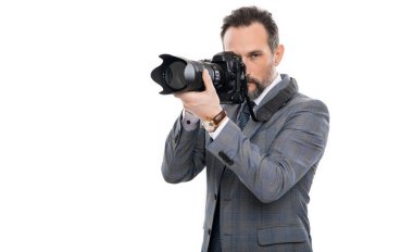 Gazeteci paparazzi fotoğrafçı kamerayla fotoğraf çekiyor..