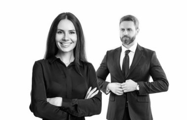 Mutlu iş ortaklarının fotoğrafları. Profesyoneller. Beyaz arka planda izole edilmiş iş ortakları. Stüdyoda iş ortakları. Resmi giyimde birkaç iş ortağı..