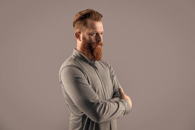 Gri arka planda uzun sakallı traşsız bir adam. Traşsız adamın stüdyo çekimi. Sakal bakımı. Tıraşsız yakışıklı adamın sakalı var..