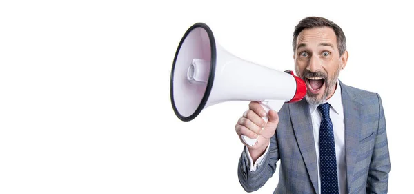 New Business Announcement Unsatisfied Boss Shouting Manager Isolated White Businessman — Stock Photo, Image