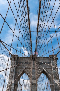 Manhattan 'a giden yol. New York 'taki Brooklyn Köprüsü. Metropolis 'teki Brooklyn Köprüsü' nün muhteşem manzarası. Brooklyn 'deki tarihi köprünün mimarisi. Amerikan mimarisi tarihi eser. Şehrin mimarisi.