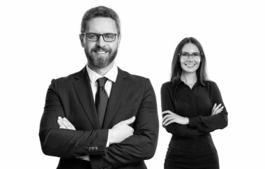 İş arkadaşlarının beyaz arka planda izole edilmesine sevindim. Stüdyodaki iş arkadaşları. Formalite icabı iş arkadaşları. İş arkadaşlarının fotoğrafları..