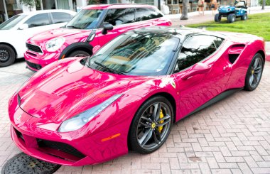 Miami Beach, Florida USA - April 18, 2021: red Ferrari 488 GTB, corner view. clipart