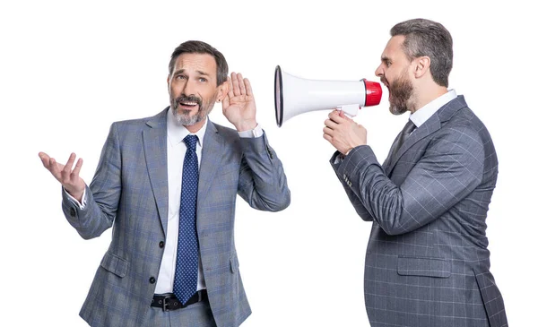 Businessman Shouting Loudspeaker Isolated White Business Man Promoter Has Conflict — Stock Photo, Image