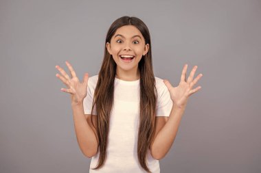 Stüdyoda genç bir kız var. arka plandaki genç kız şaşırdı. Şaşırmış genç bir kızın fotoğrafı. Şaşırmış genç kız griye bürünmüş..