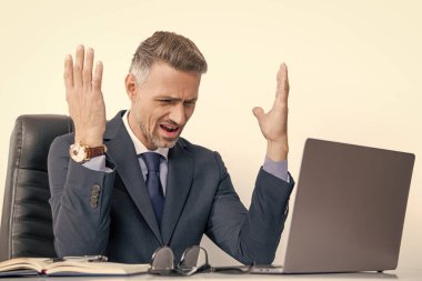 shouting overworked businessman sitting in business office.