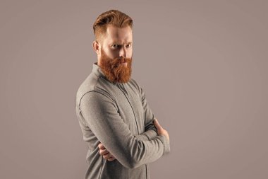 İrlandalı adam kollarını kavuşturuyor. Sakallı ve bıyıklı kendinden emin bir adam. Sakallı Adam Stüdyosu Gri, kopyalama alanı üzerinde izole.