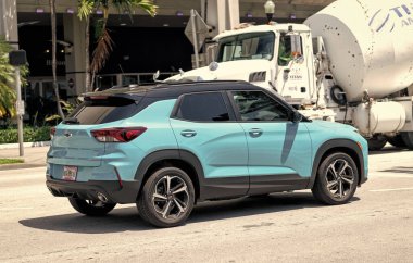 Miami Beach, Florida USA - April 15, 2021: blue chevrolet trailblazer RS suv car, corner view.
