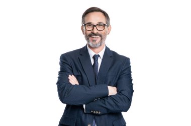 Başarılı iş adamı. İşletme müdürü beyazla izole edilmiş. Takım elbiseli başarılı bir iş adamı. Hırslı iş adamı desteği. Profesyonel iş lideri başarısı. insan portresi.