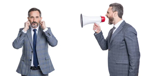 Promotion Concept Business Promotion Ideas Businessman Shouting Loudspeaker Isolated White — Stock Photo, Image