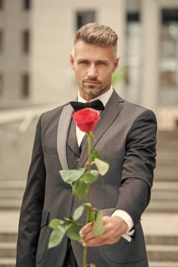 Nişan fikri. Smokinli adam nişanı kutluyor. Nişan için gül hediyeli bir adam. seçici odak.