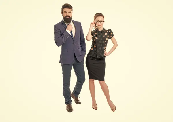 Their genius is super power. Genius professional couple. Sexy woman with smart look. Bearded man in formal style. Genius entrepreneurs. Smart and successful. Being creative genius in business.