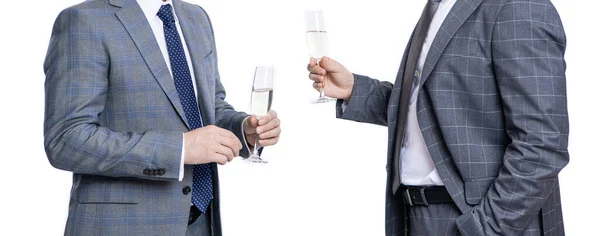 Due Uomini Affari Che Festeggiano Affare Con Champagne Partnership Successo — Foto Stock