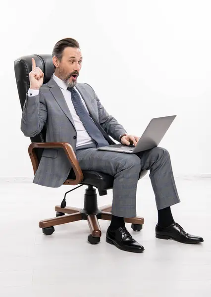 Businessman communication on computer. inspired with idea. freelancer working online. freelance blogger. Remote freelance working. businessman freelancer rest in office suit. Business success.