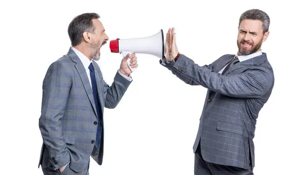 New Business Announcement Unsatisfied Boss Shouting Manager Isolated White Too — Stock Photo, Image