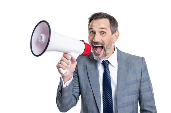 Businessman Loudspeaker Announce Business New Business Announcement Unsatisfied Boss Shouting — Stock Photo, Image