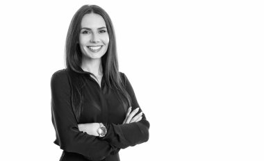 Mutlu kadın CEO beyaz arka planda izole edilmiş. Stüdyodaki beyaz kadın CEO. Profesyonel kadın CEO siyah giyiyor..