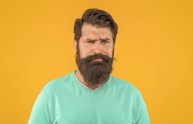 Arka planda sakallı adamın portresi var. Sakallı adamın portresi. Sarıda izole edilmiş sakallı adamın portresi. Stüdyodaki sakallı adamın portresi..