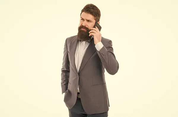 Always in touch with clients. man speaking on phone. Agile business. mature man. success deal. Business talk. business communication. bearded businessman in formal suit. Confident businessman.