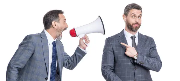 Rivalry Business Conflict Businessman Shouting Employee Loudspeaker Isolated White — Stock Photo, Image
