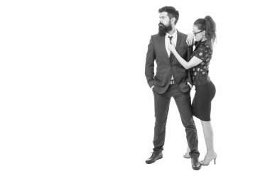 Başarı için giyin. İş görüşmesi için giyiniyorum. Sakallı adam ve resmi giysili seksi kız. İş çifti resmi giyinir. Resmi toplantı. İş ve toplantı için giyinmek. Toplantı ya da iş görüşmesi.