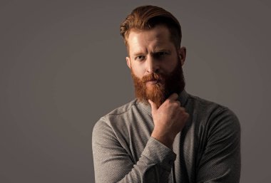 Sakal okşayan ciddi bir adamın portresi. Tıraşsız suratlı sakallı adam. İrlandalı adam stüdyosu gri, kopyalama alanında izole edildi.