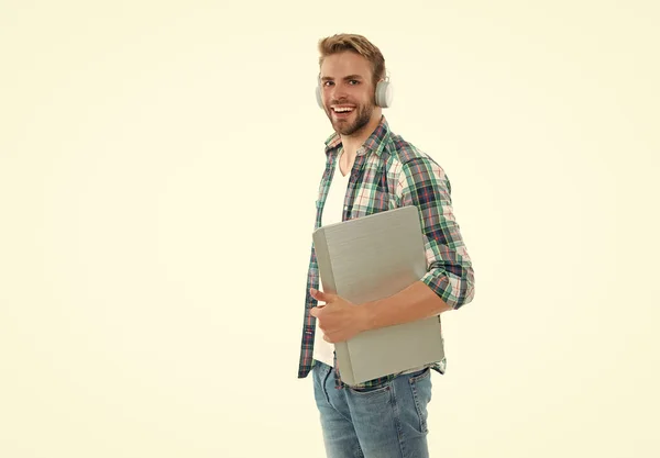 millennial man student isolated on white, banner. millennial man student on background. millennial man student in studio. photo of millennial man student with laptop.