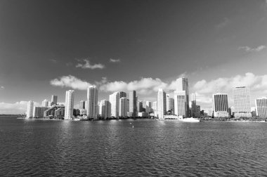 Miami Metropolis silueti. Florida 'daki Miami Metropolis silueti. Miami Metropolis ufuk çizgisiyle ufuk çizgisi. Miami Metropolis 'in gökdelenli fotoğrafı.
