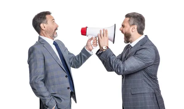 Unsatisfied Boss Shouting Manager Rival Isolated White Businessman Announce Problem — Stock Photo, Image