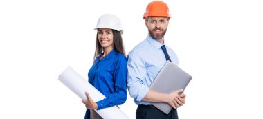 Güvenlik işi. Veri koruması. Planı olan bir mühendis. İnşaat projesi planı. Mimar planlama işi. Beyaz şapkalı baş mühendis ve mimar izole edilmiş. Yatırımcı ekibi.