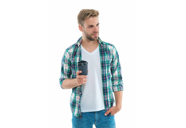 casual caucasian man with coffee on background. caucasian man with coffee in studio. photo of caucasian man with coffee. caucasian man with coffee isolated on white.