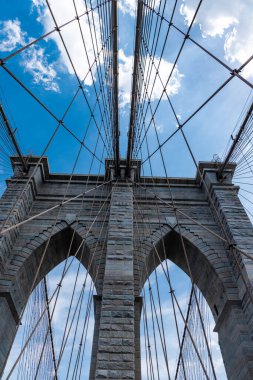 Brooklyn 'deki tarihi köprünün mimarisi. Amerikan mimarisi tarihi eser. Manhattan 'a giden yol. New York 'taki Brooklyn Köprüsü. Metropolis 'teki Brooklyn Köprüsü' nün muhteşem manzarası. Doğu Nehri Köprüsü.
