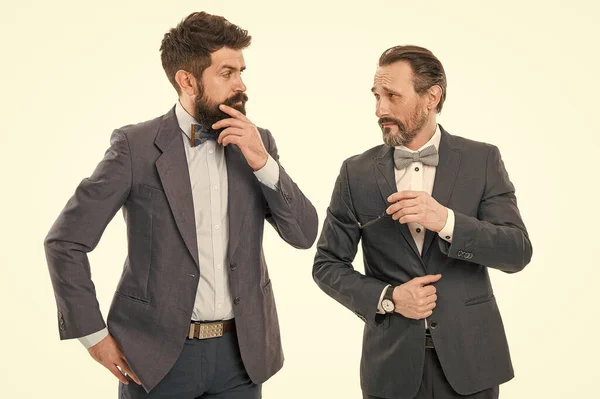 Sharing opinions. Discussing risky business ideas. Successful partnership. Men entrepreneurs white background. Business team. Business people concept. Business meeting. Men bearded formal suit.