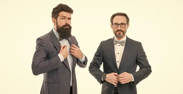 Business meeting. Cooperation in action. Inspired to work. Men bearded formal suit. Successful partnership. Achieve success. Men entrepreneurs white background. Business team. Business people concept.