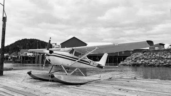 stock image Wrangell, Alaska USA - May 31, 2019: Cessna 172 biplane aircraft at pier.