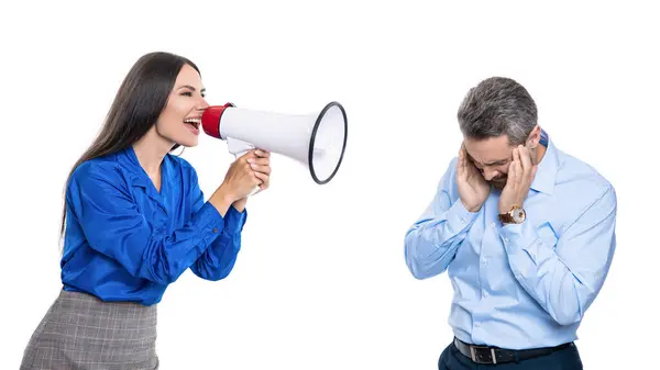 Business Conflict Businesswoman Shouting Employee Loudspeaker Isolated White Business Boss Royalty Free Stock Images