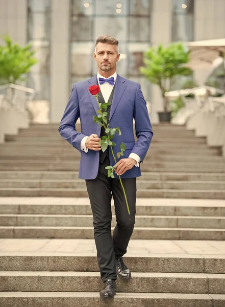 elegant man in tux. man wearing tux bowtie outdoor. handsome tux man with red rose.